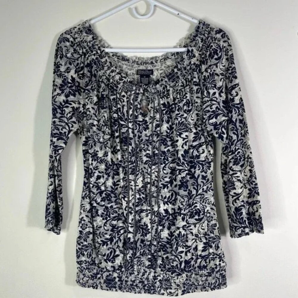 NWT Lucky Brand Peasant Style Blouse Medium Blue Off White